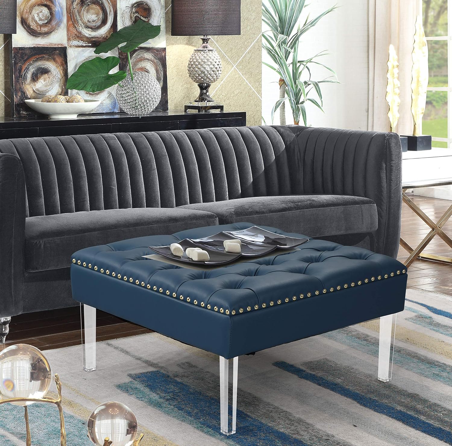 Iconic Home Gael Square Ottoman Center Table Button Tufted PU Leather Upholstered Acrylic Legs, Modern Transitional, Navy