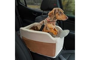 PICEA Center Console Dog Car Seat - Safety Straps & Leash - Sturdy Foam and Plush Pillows - Adjustable Mount Design - Large Storage Pockets for Accessories - Perfect for Small Pets & Cats (Khaki)