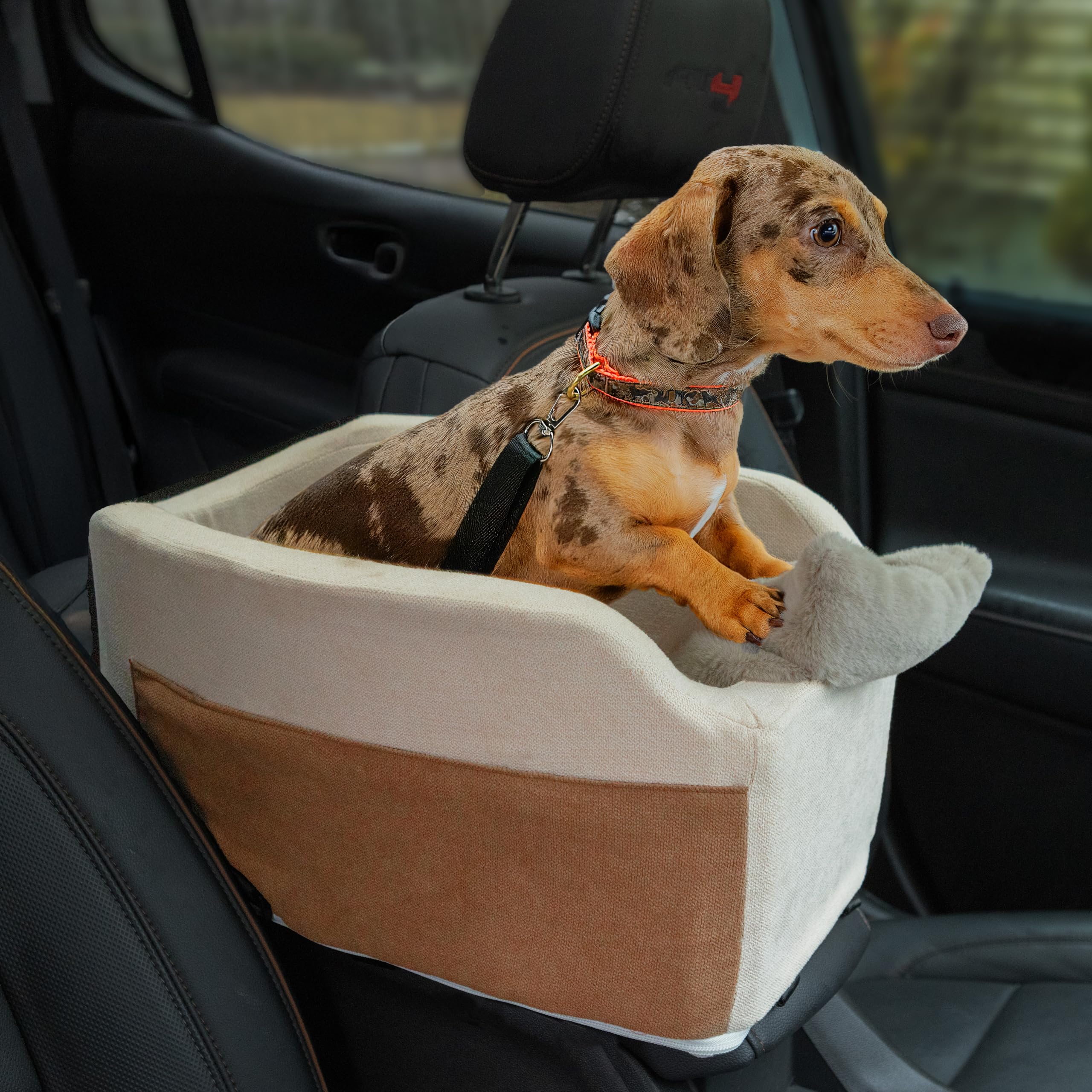 Photo 1 of Center Console Dog Car Seat - Safety Straps & Leash - Sturdy Foam and Plush Pillows - Adjustable Mount Design - Large Storage Pockets for Accessories - Perfect for Small Pets & Cats (Khaki)