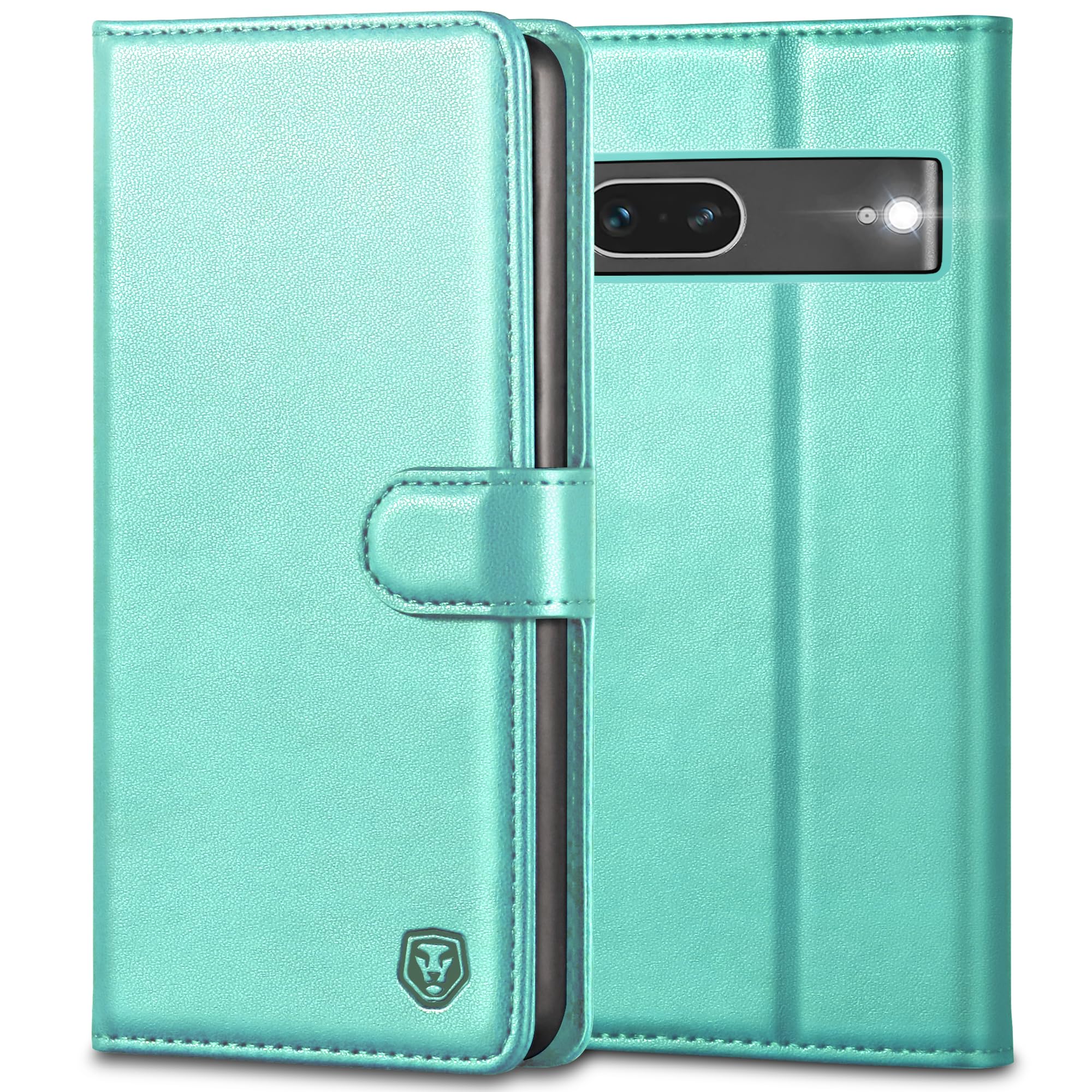 Kuafcase for Google Pixel 7 Case, 4 Card Slots Magnetic Closure Kickstand Shockproof Protective Phone Case for Google Pixel 7 - Ice Green