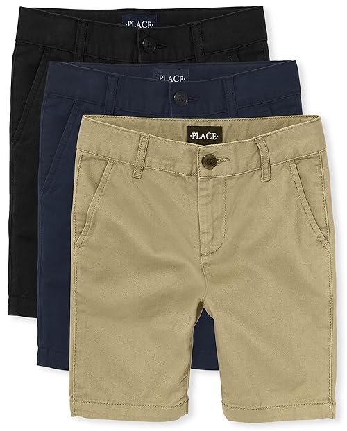 The Children's Place Boys Stretch Chino Shorts, Flax/New Navy/Black 3-Pack, 18 Husky