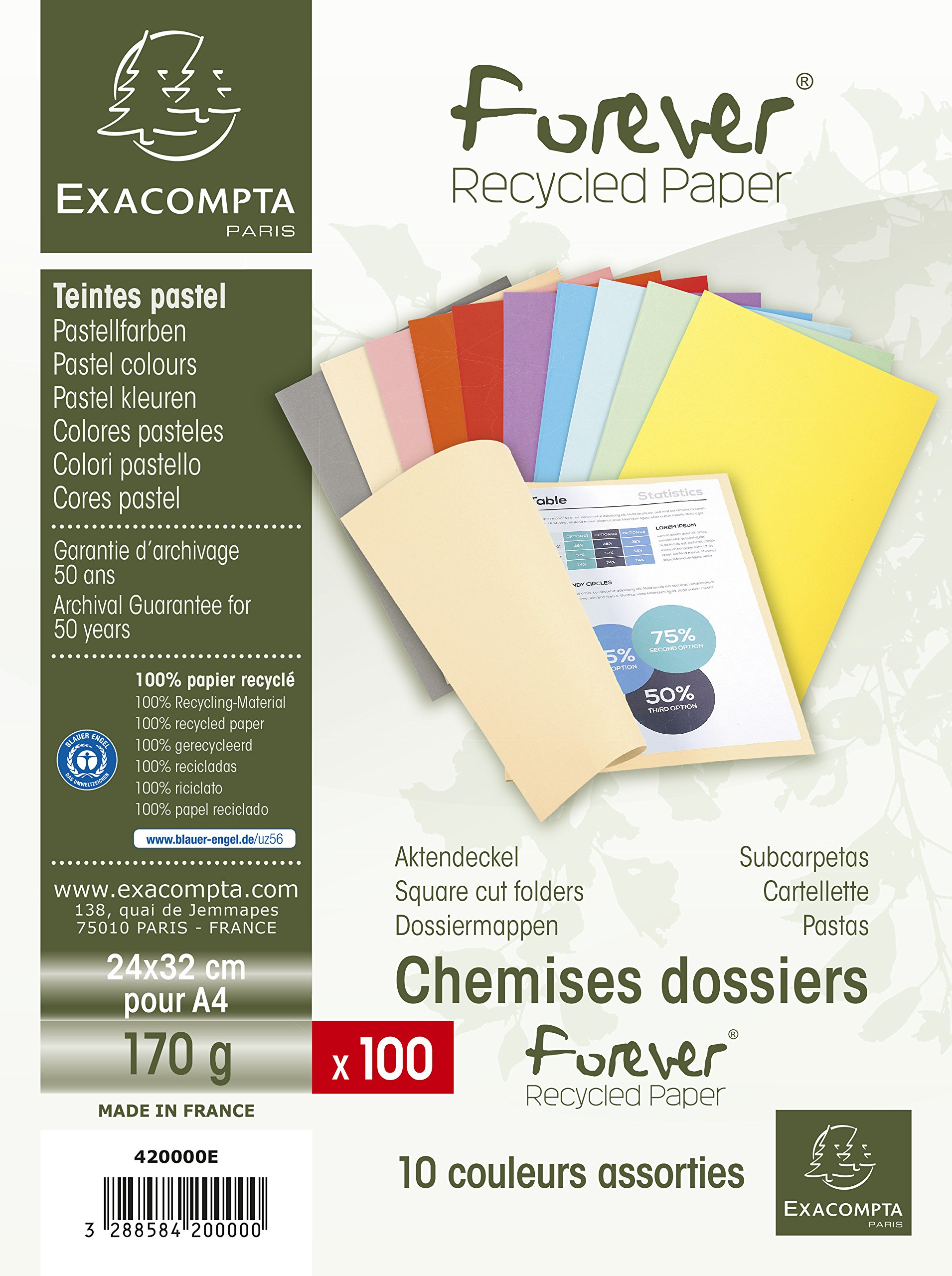 Exacompta - Ref 420000E - Forever Collection - Recycled Square Cut Folder - A4 (210 x 297mm), 170gsm Recycled Board, Blue Angel Certified - Assorted Colours (Pack of 100)