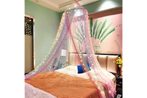 Eimilaly Princess Rainbow Bed Canopy with 250pcs Warm White Curtain Lights, Bed Canopy for Girls Room Decor or Unicorn Theme Party