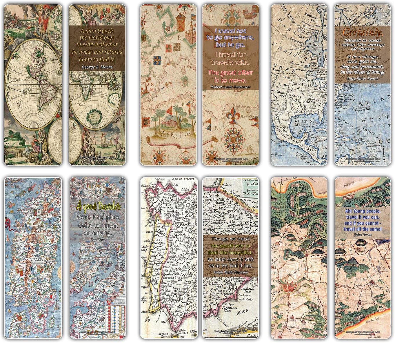 Creanoso Antique Map Travelers Quote Saying Premium Bookmarks (60-Pack), Road Trip Travel Readers Reading Gifts