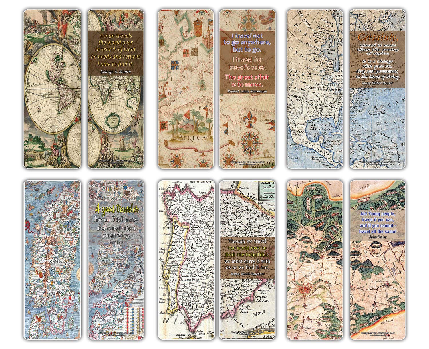 Creanoso Antique Map Travelers Quote Saying Premium Bookmarks (60-Pack) – Road Trip Travel Readers Reading Gifts - Quality Sturdy Bookmarker Cards Bulk Set
