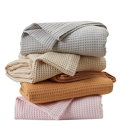 100% Cotton Blanket for King Size Bed Tan Waffle Weave Lightweight Summer  Bed Blanket 102x90in Prewashed Breathable, Woven, Layering Blanket