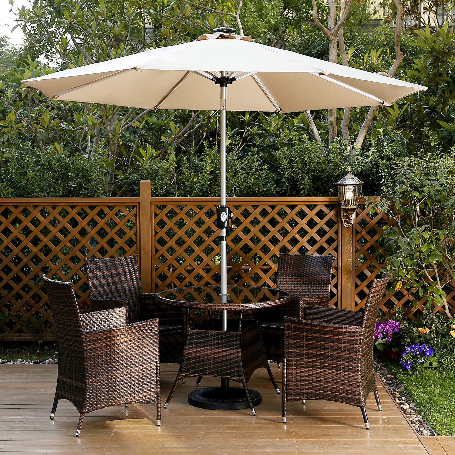 Patio Lawn Garden Umbrellas Aok Garden 9 Ft Led Lighted Patio Outdoor Umbrella Solar Power Market Table Fade Resistant Umbrella With Push Button Tilt Crank And 8 Sturdy Ribs Coffee