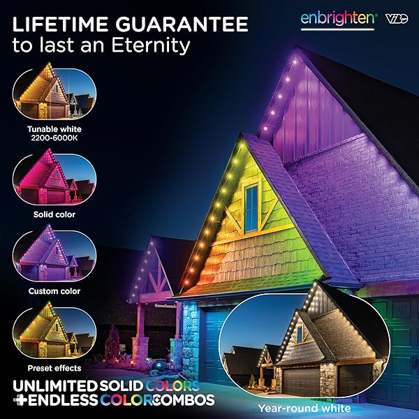 ENBRIGHTEN VIBE ETERNITY PERMANENT OUTDOOR LIGHTS FOR HOUSE, 50FT, 36 RGBWIC LEDS, CLOSE SPACING, 33LM, COLOR CHANGING, CHRISTMAS, EAVE LIGHTING, SMART APP, WORKS WITH ALEXA, GOOGLE HOME, 82730
