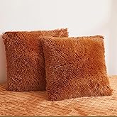 LIFEREVO 2 Pack Fluffy Faux Fur Pillow Shams, 18 x 18 Inches Throw Pillow Covers, Luxury Decorative Furry Pillowcases Cushion Cover for Christmas, Zipper Closure, No Pillow Insert, Burnt Orange