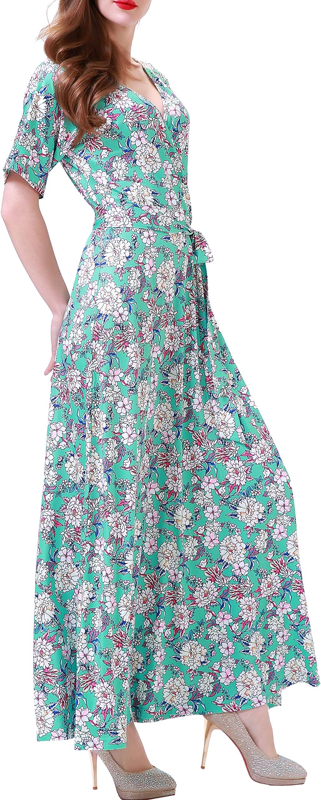 Aphratti Womens Bohemian Short Sleeve V Neck Faux Wrap Long Beach Maxi Dress