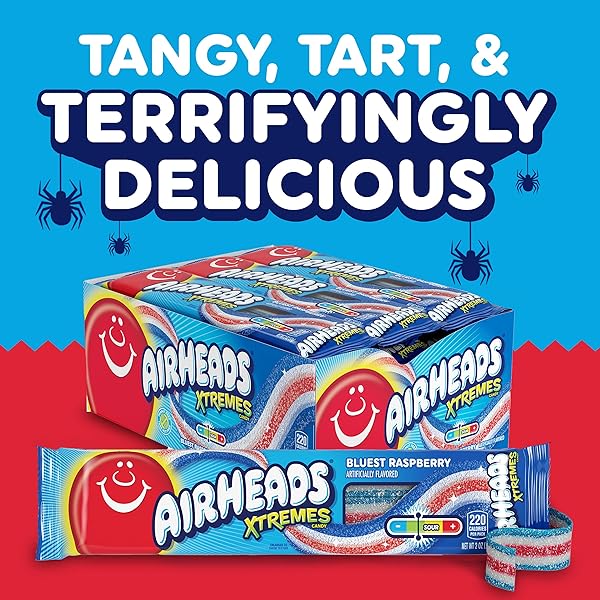 AIRHEADS XTREMES BELTS, HALLOWEEN TRICK OR TREAT PACK, RAINBOW BERRY AND BLUEST RASPBERRY FLAVORS, ASSORTED MULTIPACK, 2OZ (PACK OF 18)