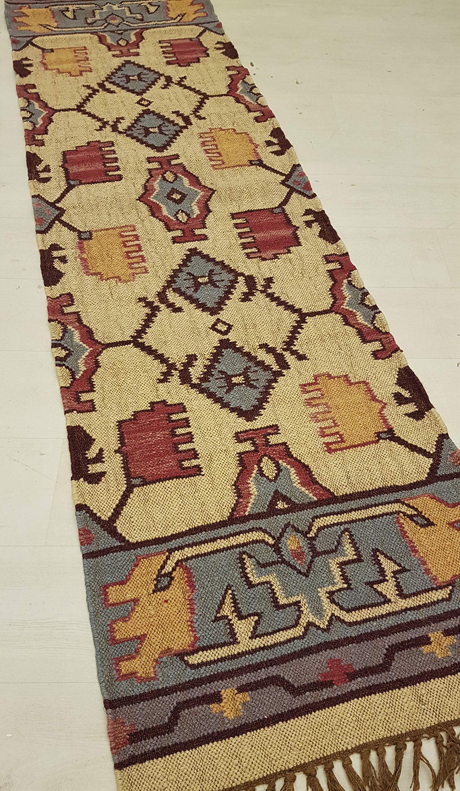 Beige, rust, grey, brown Hallway, Landing Rustic Kilim Hand Knotted runner rug 60x245cm