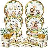 300 Pcs Safari Baby Shower Plates and Napkins (Serves 50 Guests), Plates Napkins Cups Straws and Forks Sets, Party Supplies, Jungle Safari Baby Shower Decorations