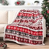 PAVILIA Christmas Sherpa Throw Blanket, Red & White Snowflake, Reindeer, Reversible Fleece & Sherpa Cozy Winter Blanket for Couch & Bed, 50x60, Christmas & Holiday Decor