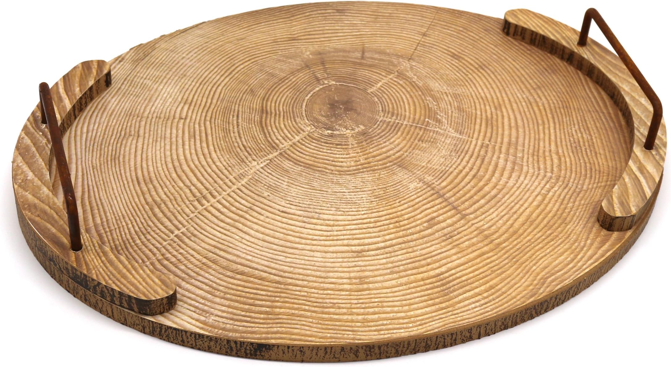 CVHOMEDECO. Oval Wooden Tray with Metal Handle Wood Serving Tray for Dining Tableware, Table Décor, Kitchen or Dining Accessory, Breakfast, Coffee Table Tray. 15.5 x 11.75 Inch
