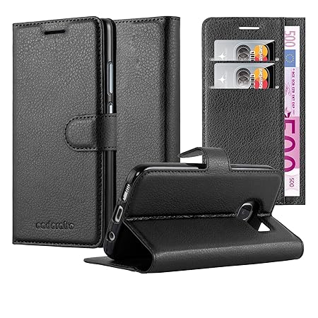 Cadorabo Hülle kompatibel mit Samsung Galaxy S6 Edge Hülle in Phantom SCHWARZ Handyhülle mit Kartenfach und Standfunktion Sch