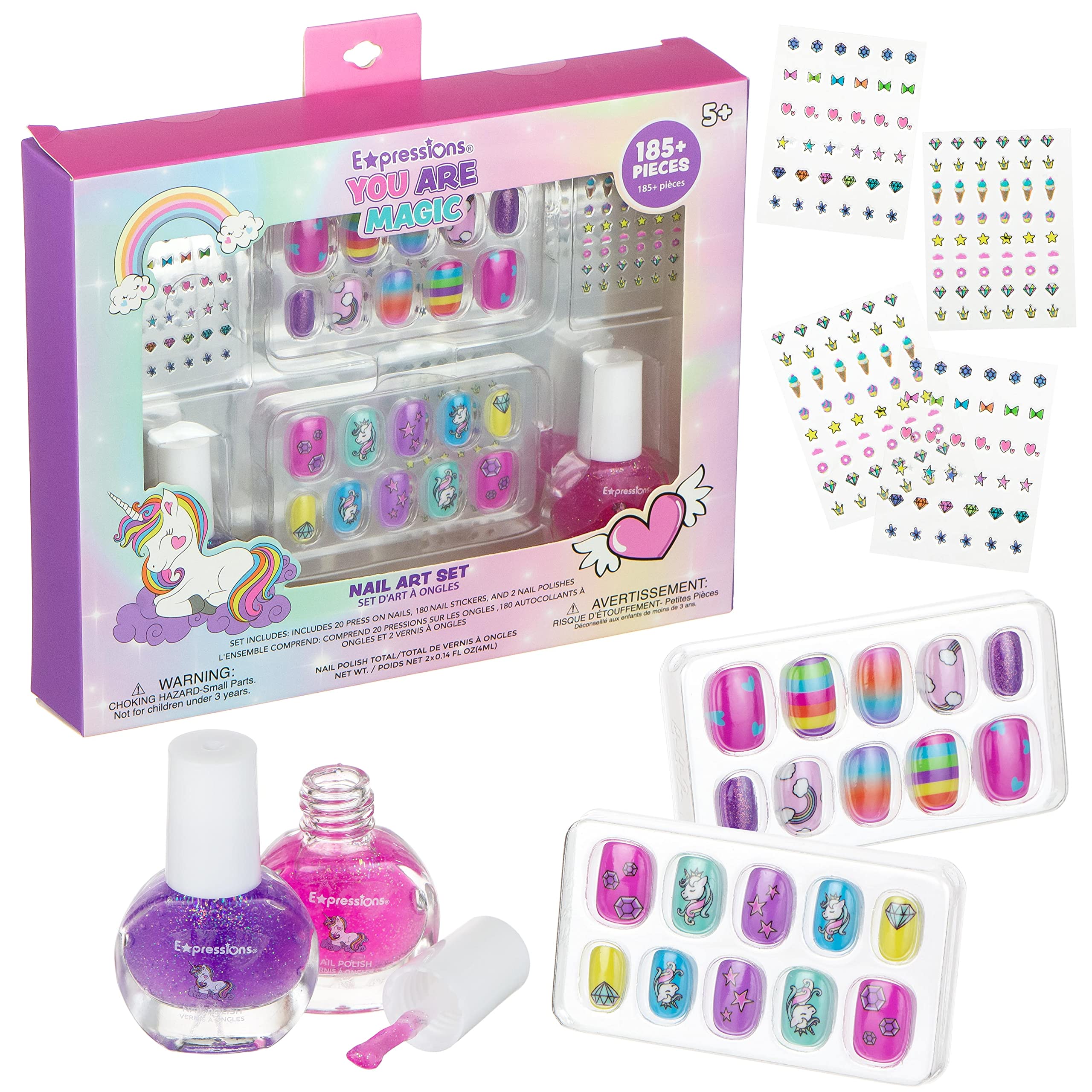 Photo 1 of "You Are Magic" Nail Art Set - 20 Press On Nails, 180 Nail Stickers, 2 Water Based Nail Polishes – Colorful Novelty Designs Stick On Fake Nails, Stickers, and Glitter Nail Polish For Kids