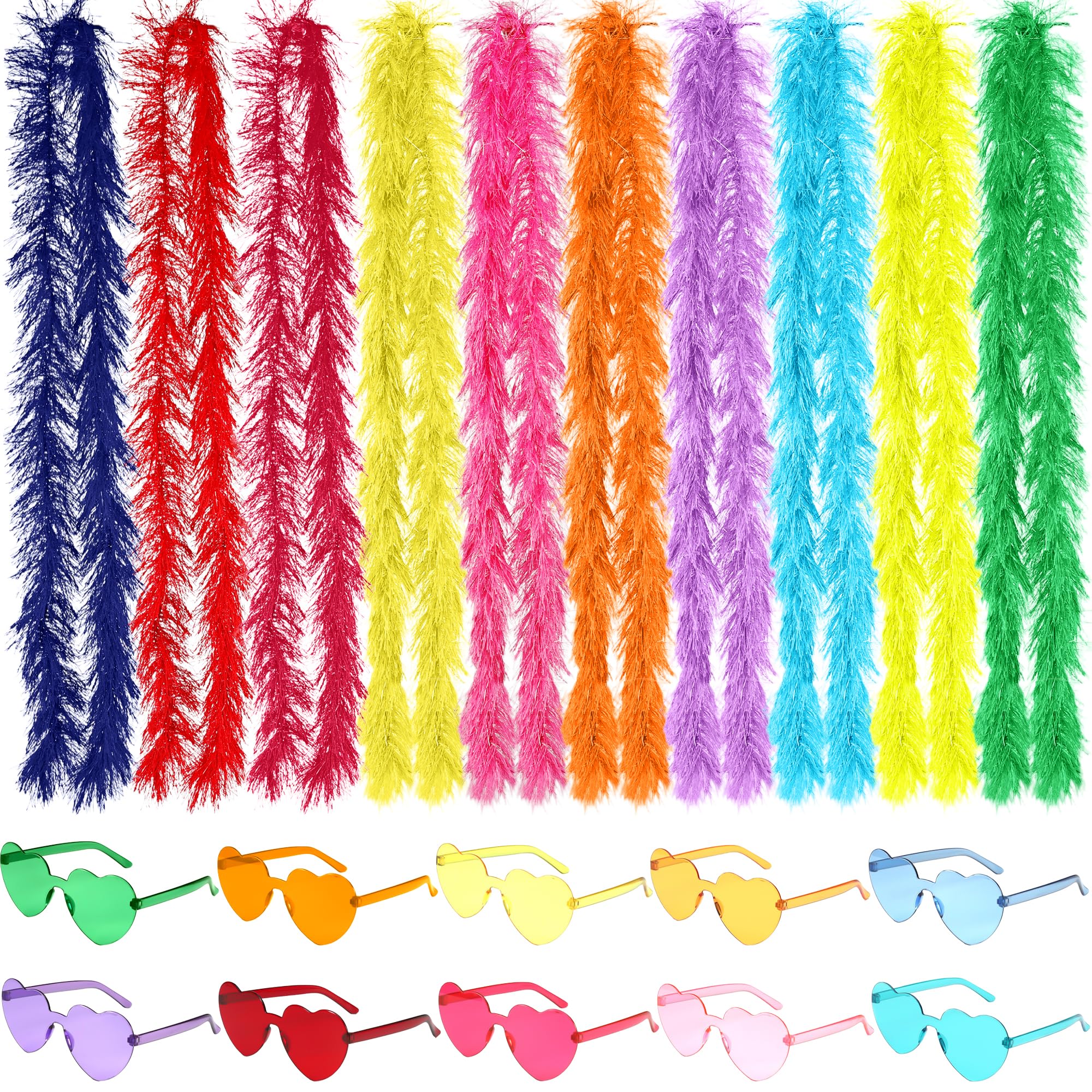10 Pcs Feather Boas Colorful Fluffy Artificial Boas Bulk with 10 Pcs Heart Shaped Sunglasses Rimless Sunglasses for Crafts Birthday Huwaii Dancing Party Costume Decor