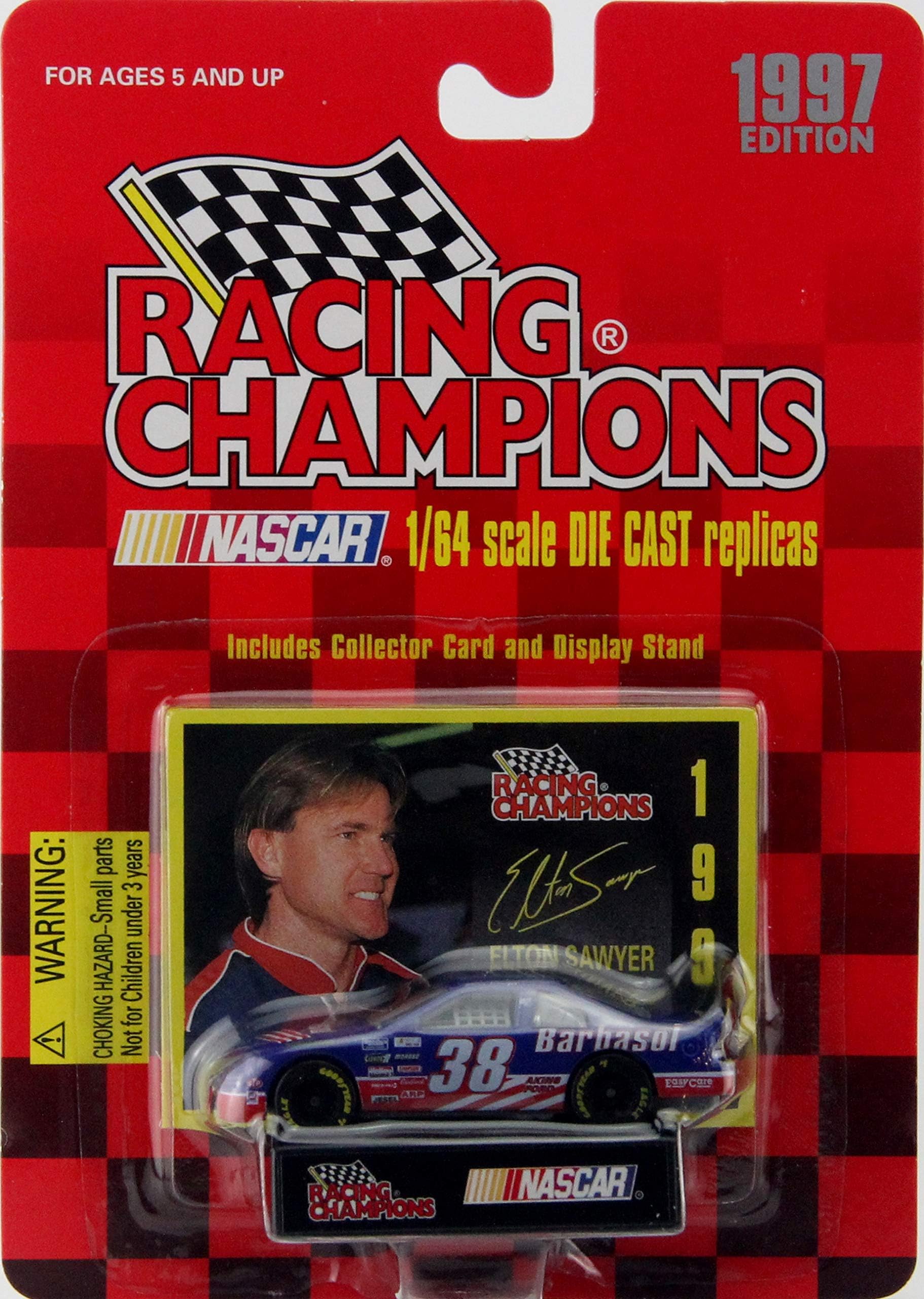 Racing Champions 1997 Edition Elton Sawyer #38 Rare Car 1:64 Scale Die Cast Car with Collector Card and Display Stand