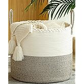 KAKAMAY Large Blanket Basket (18"x18"x16"),Woven Baby Laundry Hamper for Storage, Cotton Rope Blankets Baskets for Nursery, Laundry, Living Room, Pillows, Baby Toy chest with Handles (White/Beige)