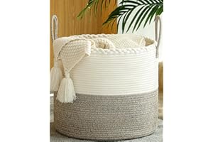 KAKAMAY Large Blanket Basket (18"x18"x16"),Woven Baby Laundry Hamper for Storage, Cotton Rope Blankets Baskets for Nursery, Laundry, Living Room, Pillows, Baby Toy chest with Handles (White/Beige)