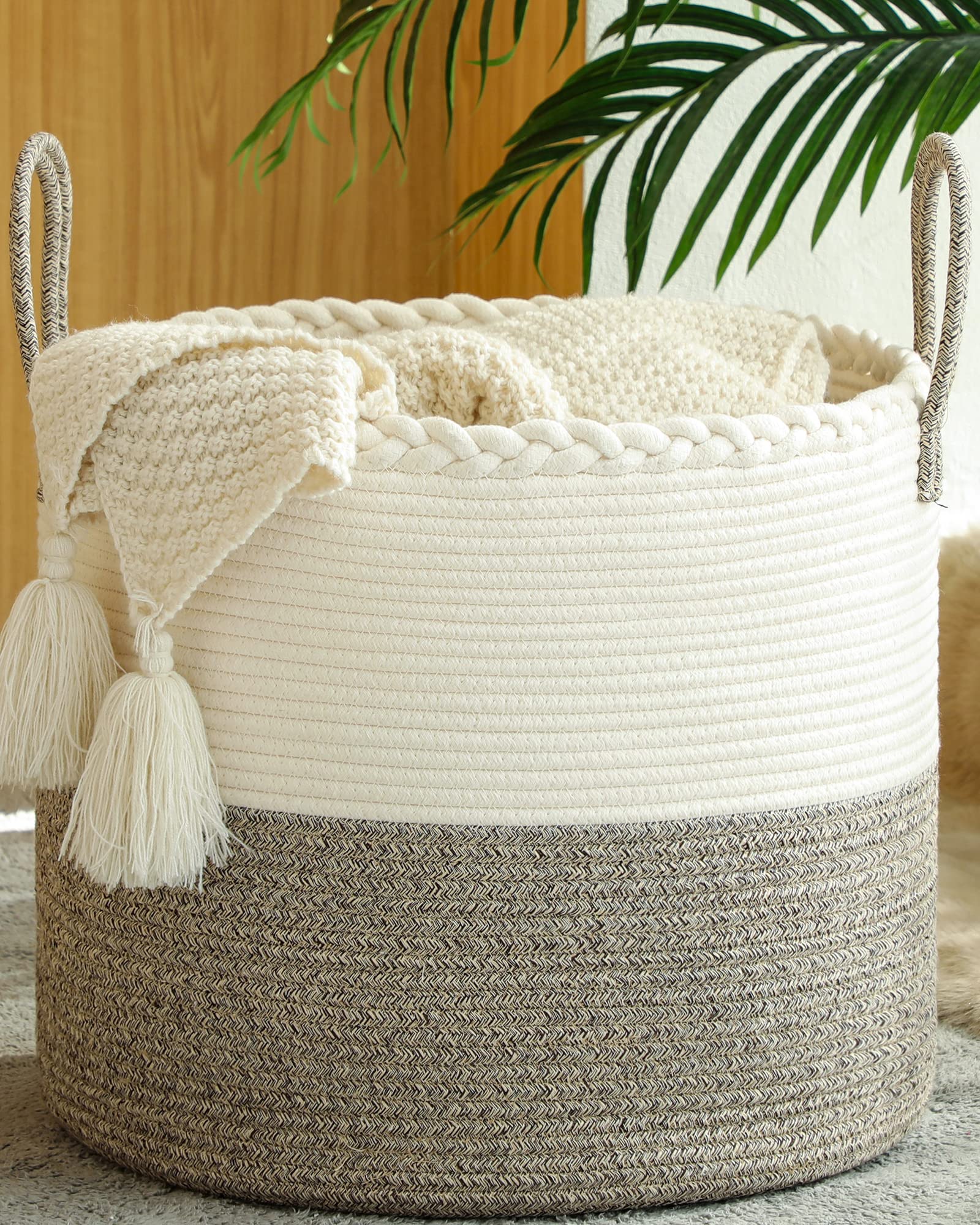 Photo 1 of KAKAMAY Large Blanket Basket (18"x18"x16"),Woven Baby Laundry Hamper for Storage, Cotton Rope Blankets Baskets for Nursery, Laundry, Living Room, Pillows, Baby Toy chest with Handles (White/Beige)