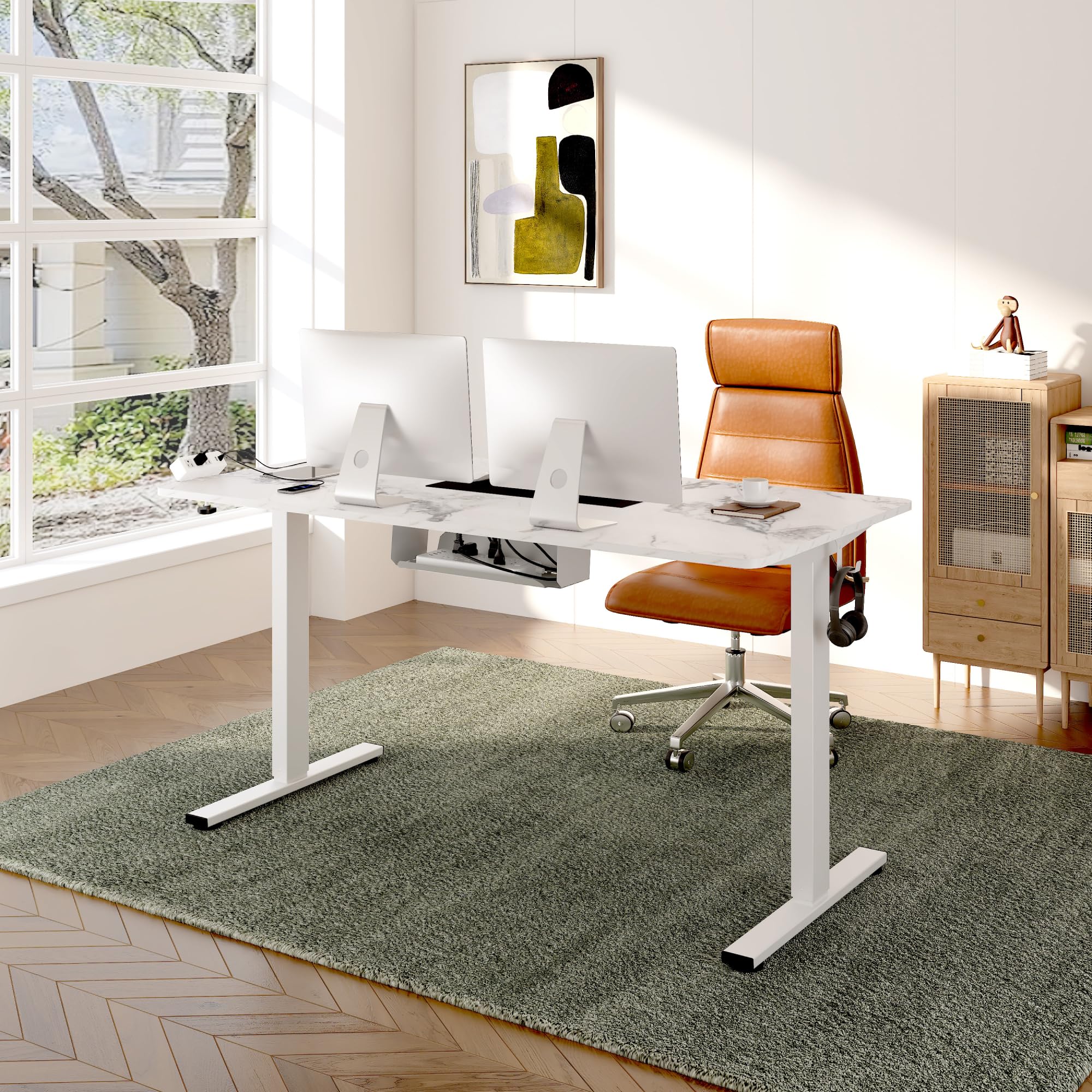 FLEXISPOT EN2 Whole-Piece Standing Desk with Clamp Power Strip, 48 x 30 Electric Stand Up Height Adjustable Desk with Cable Management (White Frame + 48