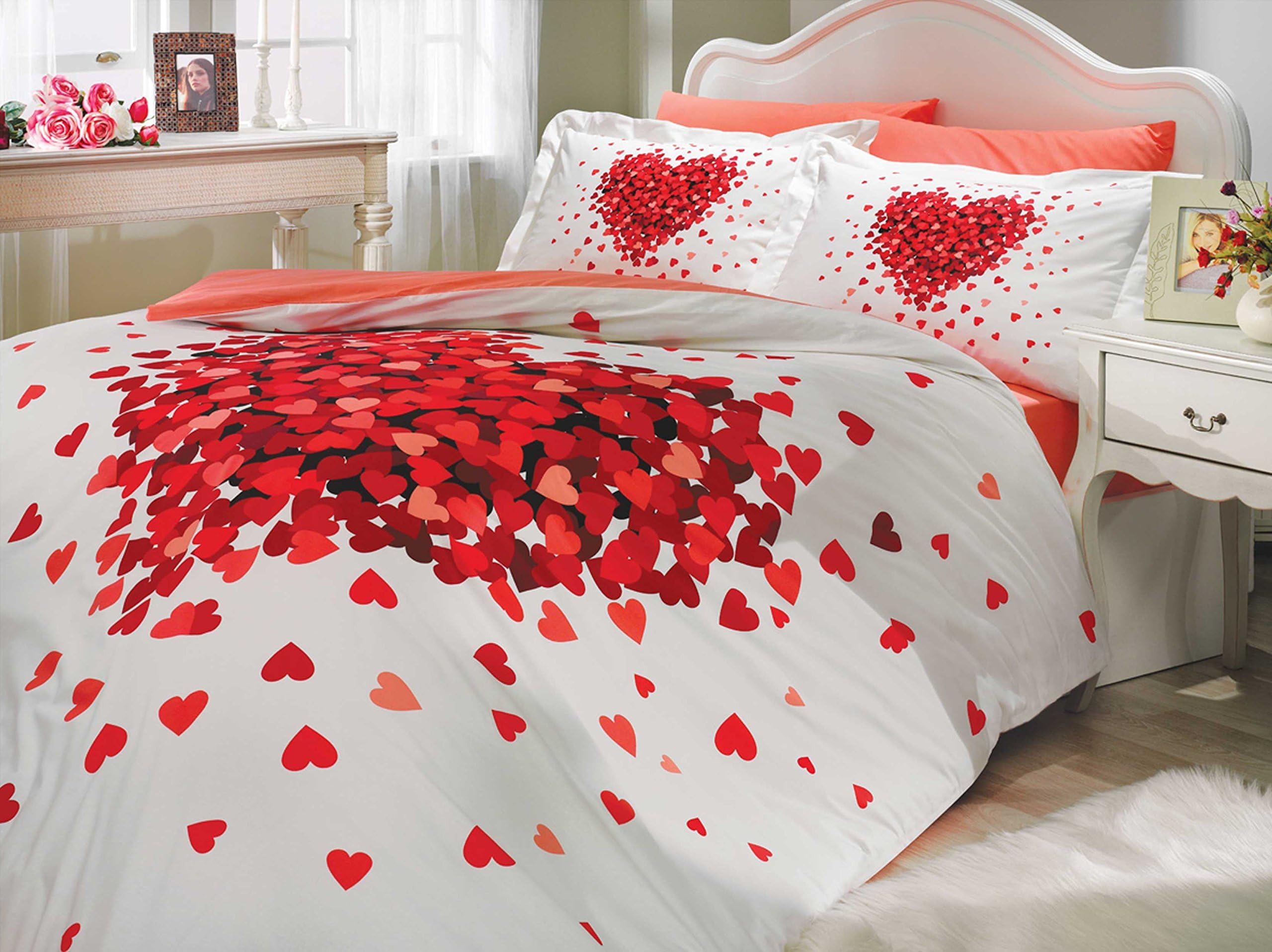 Twin Cotton Bedding Set Heart Love Themed with Duvet Cover Romantic Design, 3 Pieces, Red White