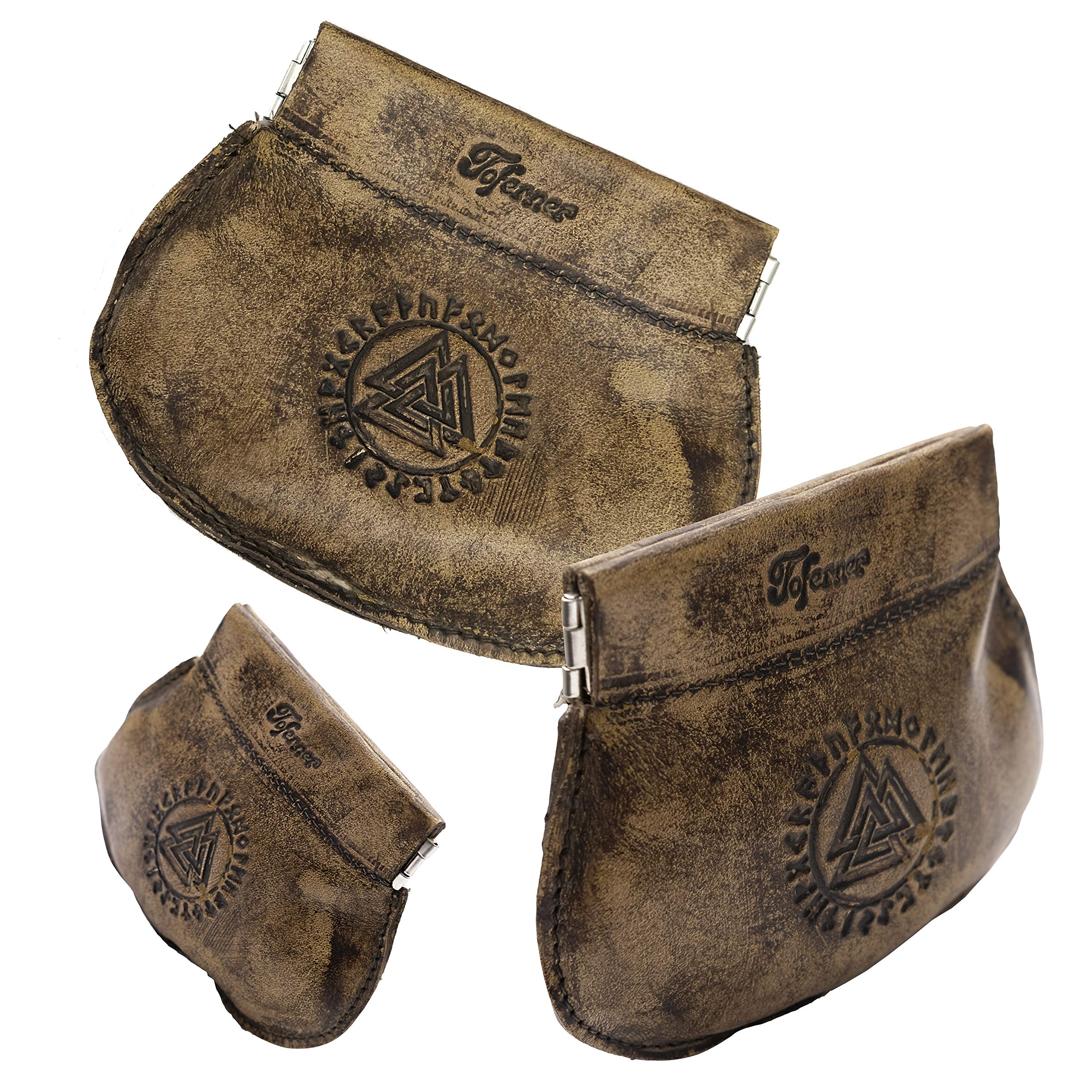 Medieval leather bag in brown with embossed symbols from the times of the ancient ancient runes and the symbols of Aegishjalmur and Valknut, an original gift from Toferner.