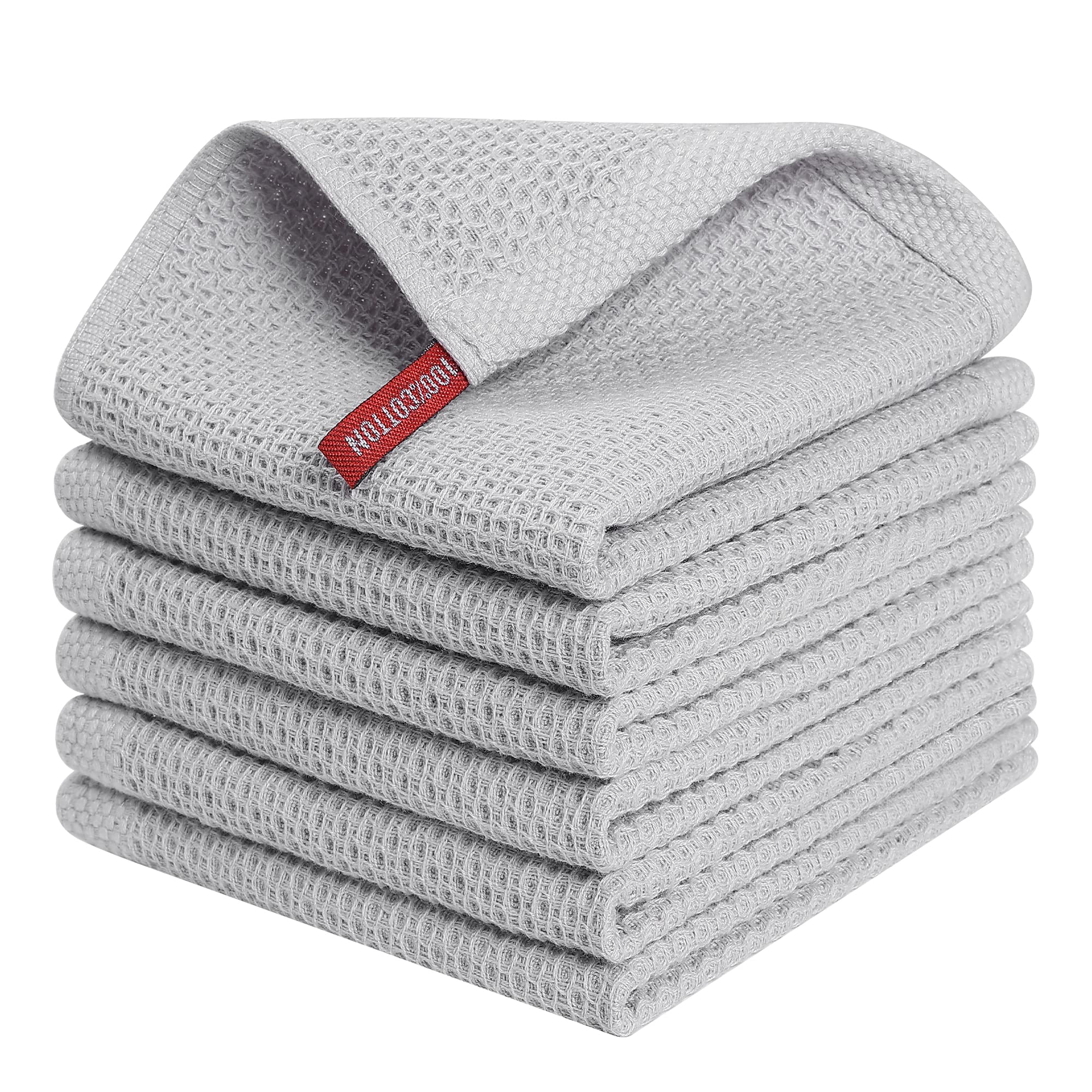 Kitinjoy 100% Cotton Kitchen Dish Cloths (12 X 12 Inches, Light Grey), 6 Pack Waffle Weave Ultra Soft Absorbent Dish Towels for Drying Dishes Quick Drying Kitchen Towels Dish Rags