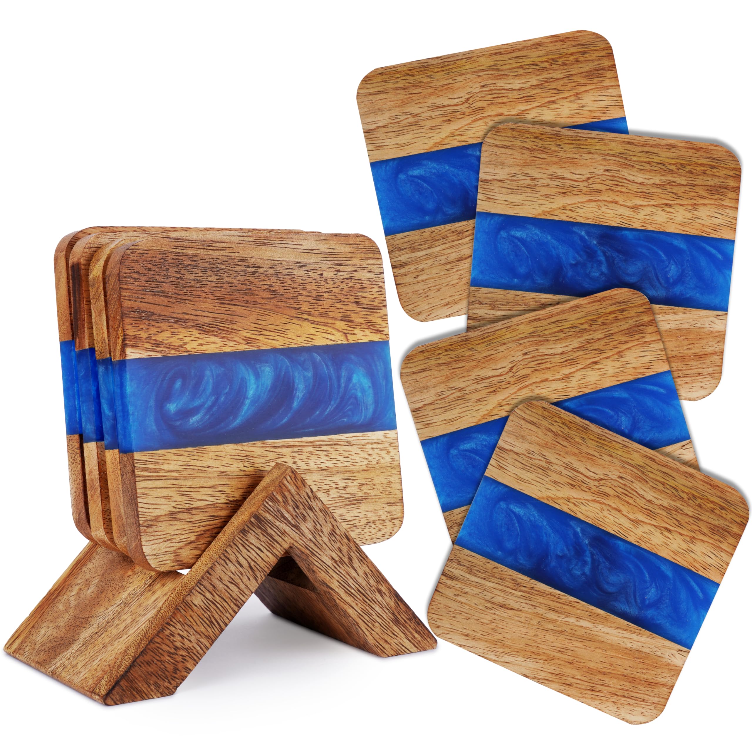 Ajuny Wood & Resin Coasters Set of 4 Blue Dual-Tone Handmade Square Non-Slip Drink Mats, Protectors for Tea, Coffee & Wine, Ideal Housewarming Gift