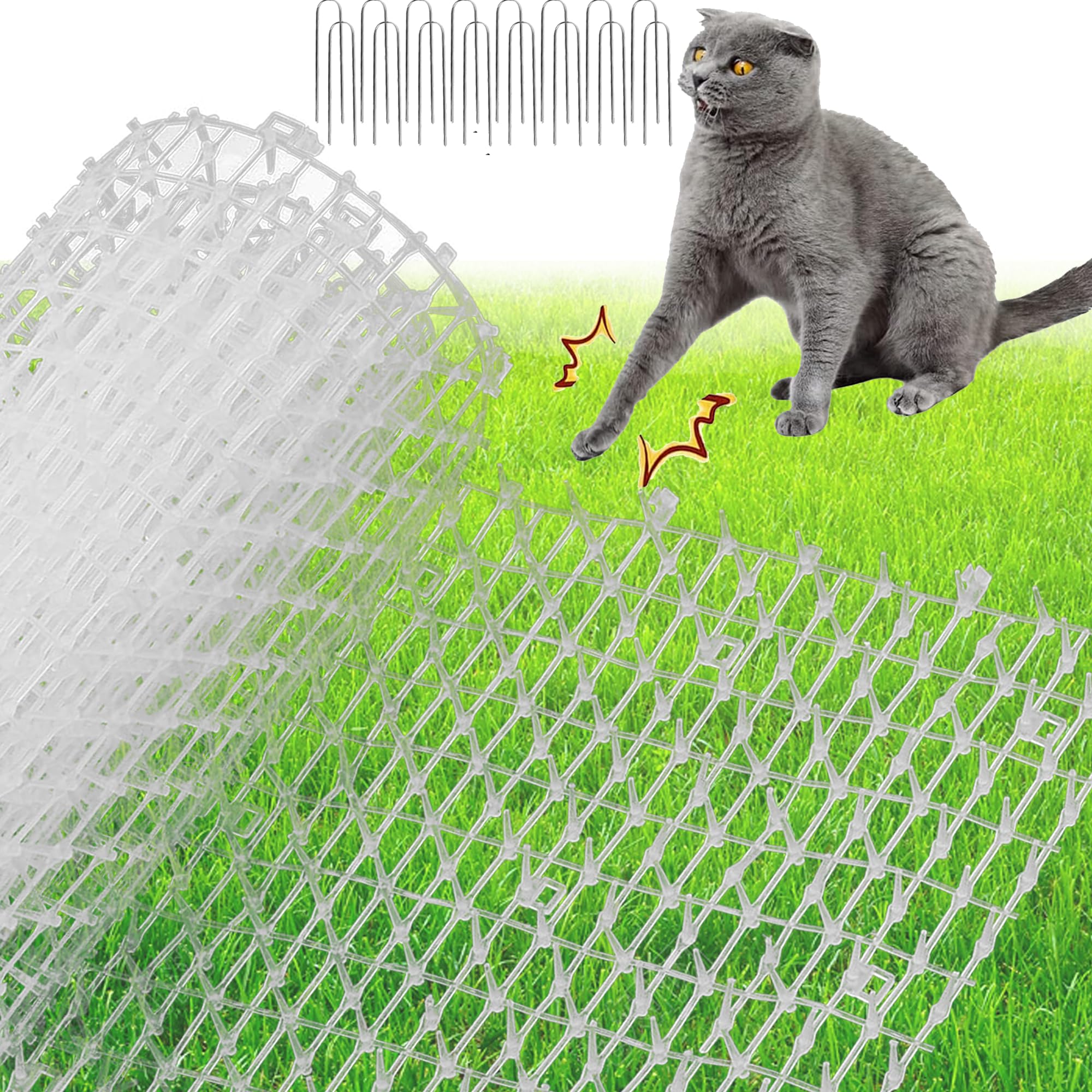 XFLYP Cat Scat Mats, 4mx30cm Prickle Strip Dig Stopper with Deterrent Spikes, Cat Repellent Mat Scat Mats, Anti Cat Dog Deterrent Fox for Garden Fence Can be Cut and Spliced & 16 U-shaped Pegs(White)