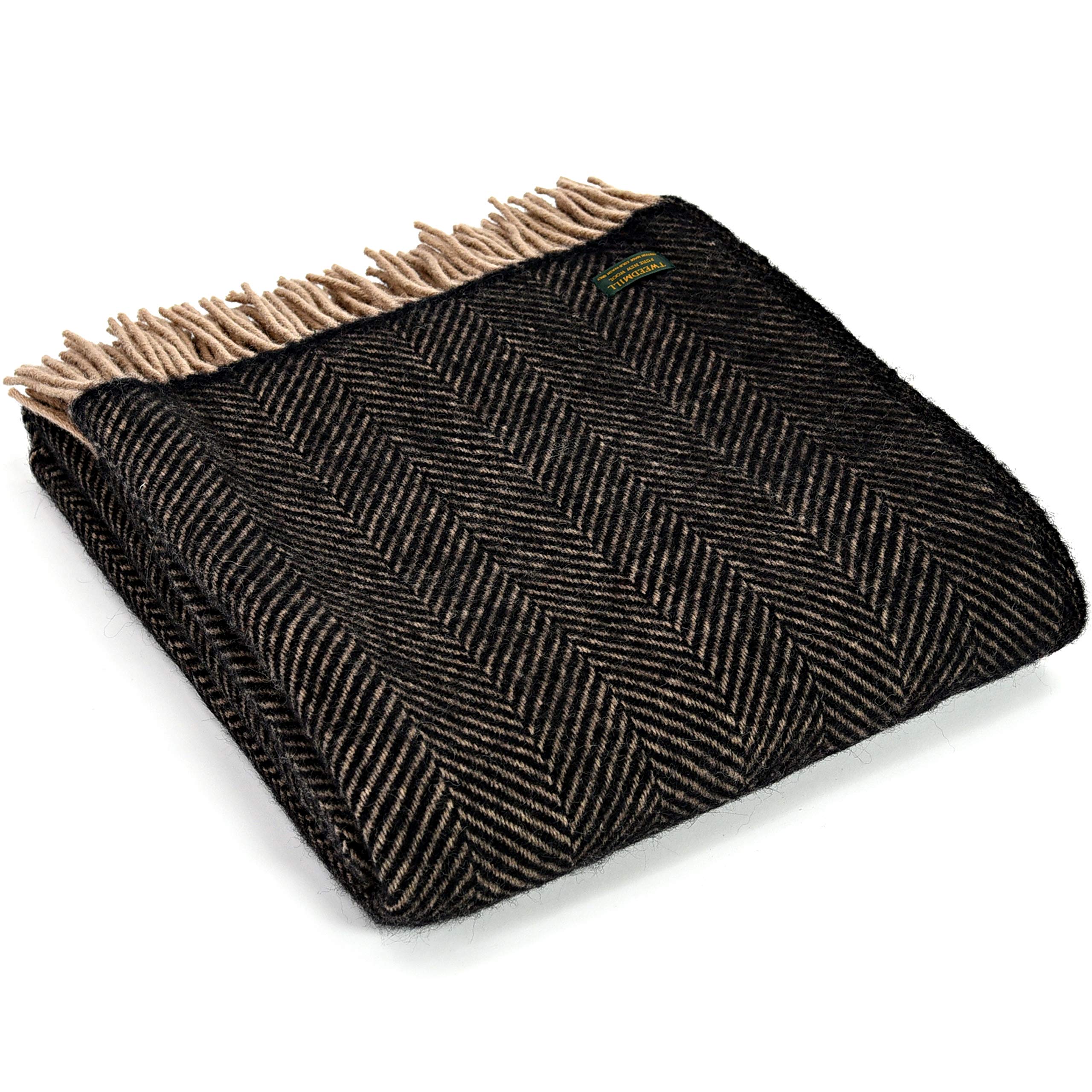 Tweedmill Textiles Herringbone KNEE RUG Throw Blanket -100% Pure New Wool - BRITISH MADE - VINTAGE BLACK/BEIGE