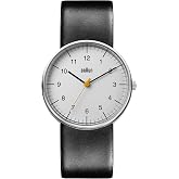 Braun Mens 3-Hand Analogue Quartz Watch, White Dial and Black Leather Strap, 38mm Stainless Steel Case, Model BN0021BKG.