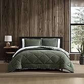 Eddie Bauer - King Comforter Set, Solid Microsuede Bedding with a Plaid Ultra-Plush Faux Shearling Reverse, 3 Piece Bed Set with Matching Pillowcases (Big Lake Plaid Green, King)