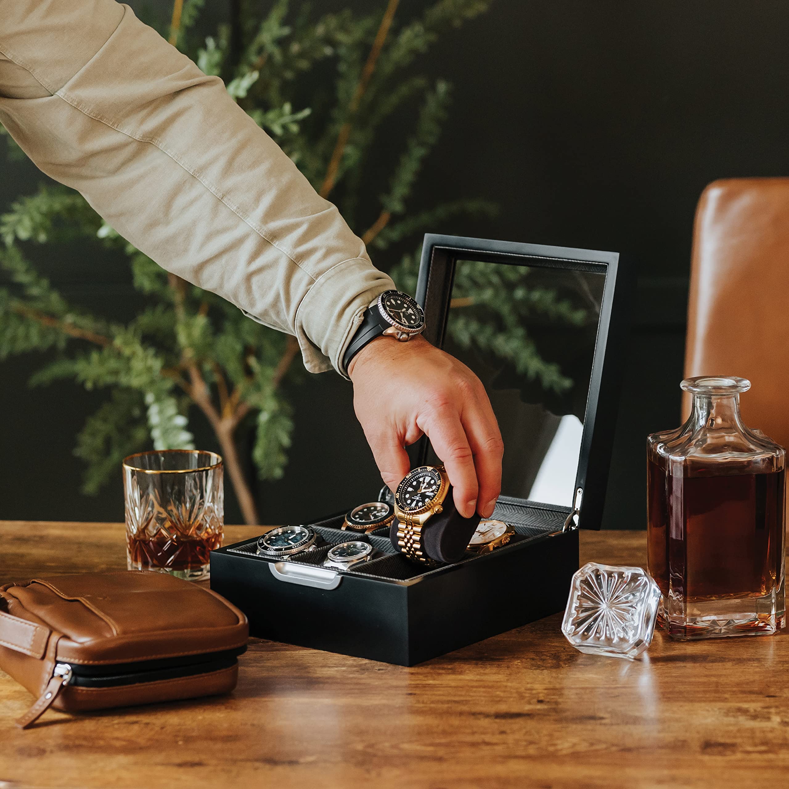 CASE ELEGANCE Watch Box Modern 2x3 Black Finish with Custom Aluminum Handle 6-Slot with Real Glass