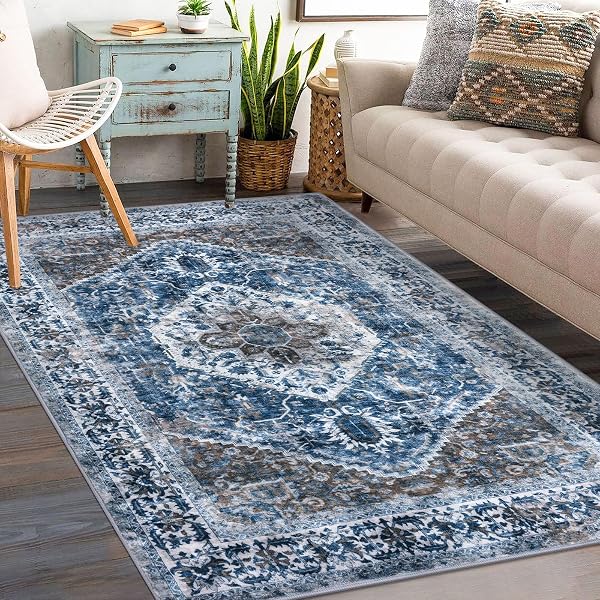 KOZYFLY BOHO AREA RUG 3X5 FT RUGS FOR ENTRYWAY WASHABLE ENTRY RUG NON SLIP DOOR MAT INDOOR ENTRANCE BLUE PRINTED FAUX WOOL VINTAGE KITCHEN RUG THROW RUGS FOR ENTRANCE KITCHEN LIVING ROOM
