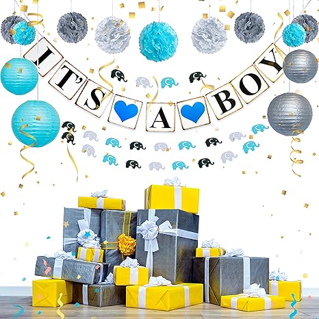 Amazon Com Infinity Bliss Baby Shower Decorations For Boy Set Of Baby Boy Shower Decorations Its A Boy Banner Paper Lanterns Paper Pompom Baby Shower Decorations For Boy Elephant Theme