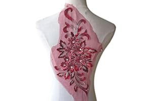 GELVS Shimmer Burgundy 3D Flower Lace Applique Crystal Sequined Embroidery Lace Patch Wedding Motif Sew on Dress Gown Costumes