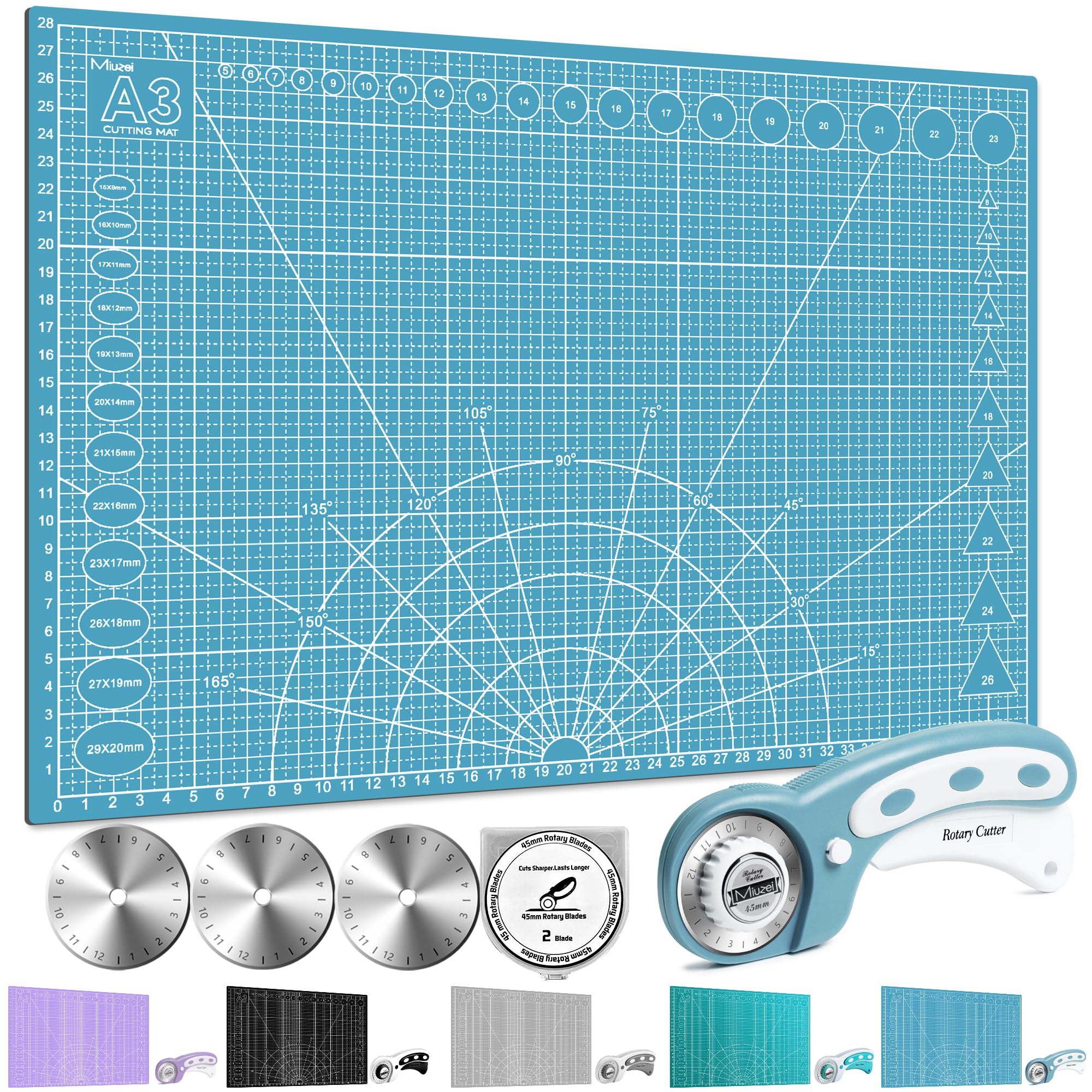 Miuzei Rotary Cutter Set: A3 Cutting Mat, 45mm Fabric Cutter, Self-Healing Craft Mat, Quilting Kit, Suitable for Cutting Fabric, Sewing, Leather and Paper Blue