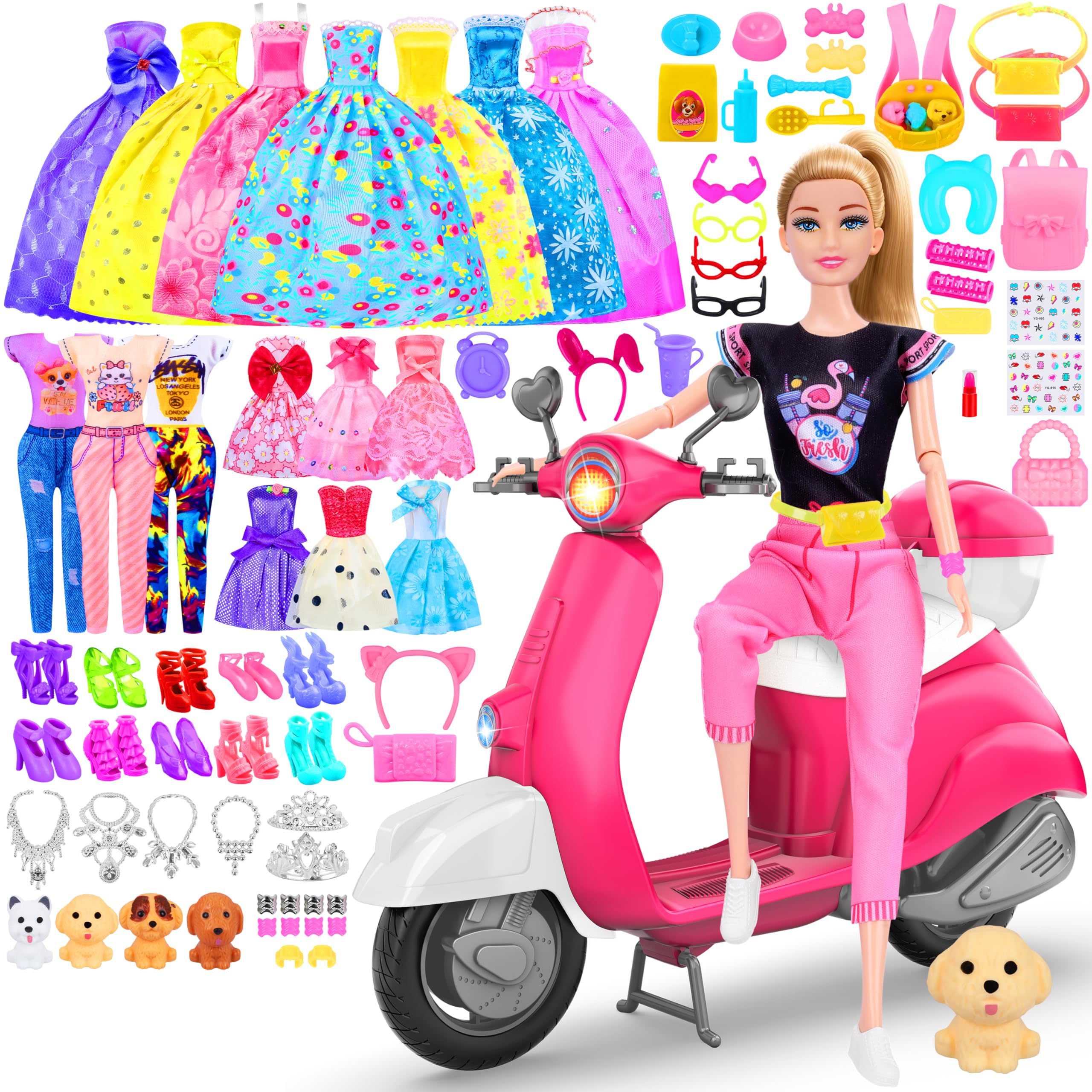 Photo 1 of MINIFUN 75 Pcs Doll Scooter Set, Doll Clothes and Accessories, Doll Playset Dress up Toys for Girls Kids Toddlers, Gift Toys for Age 3 4 5 6 7 8