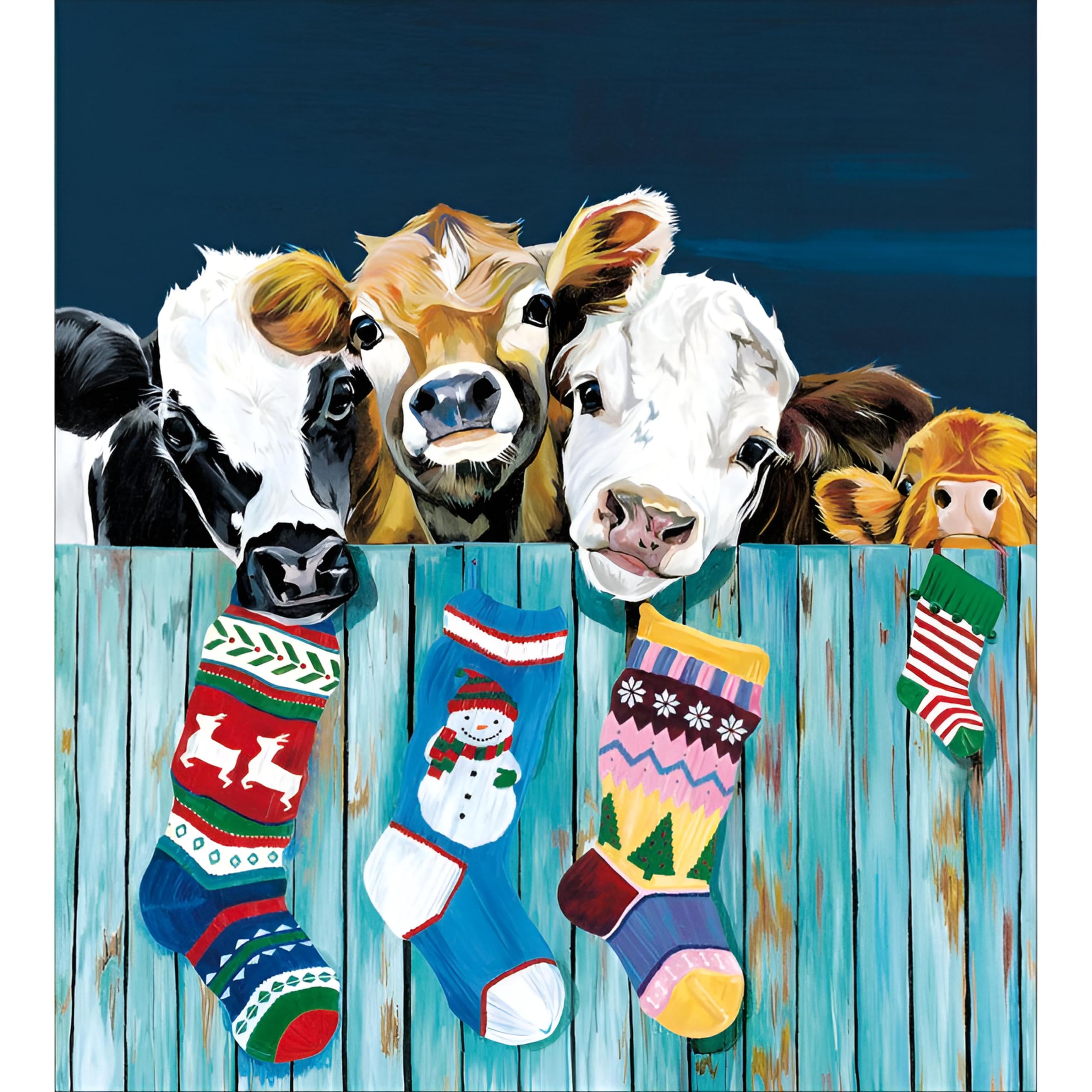 Charity Christmas Cards Pack of 5 - Age UK, Marie Curie, BHF, Mind - Artistic Festive Design - Cows and Christmas Stockings - Made in the UK - Eco Friendly
