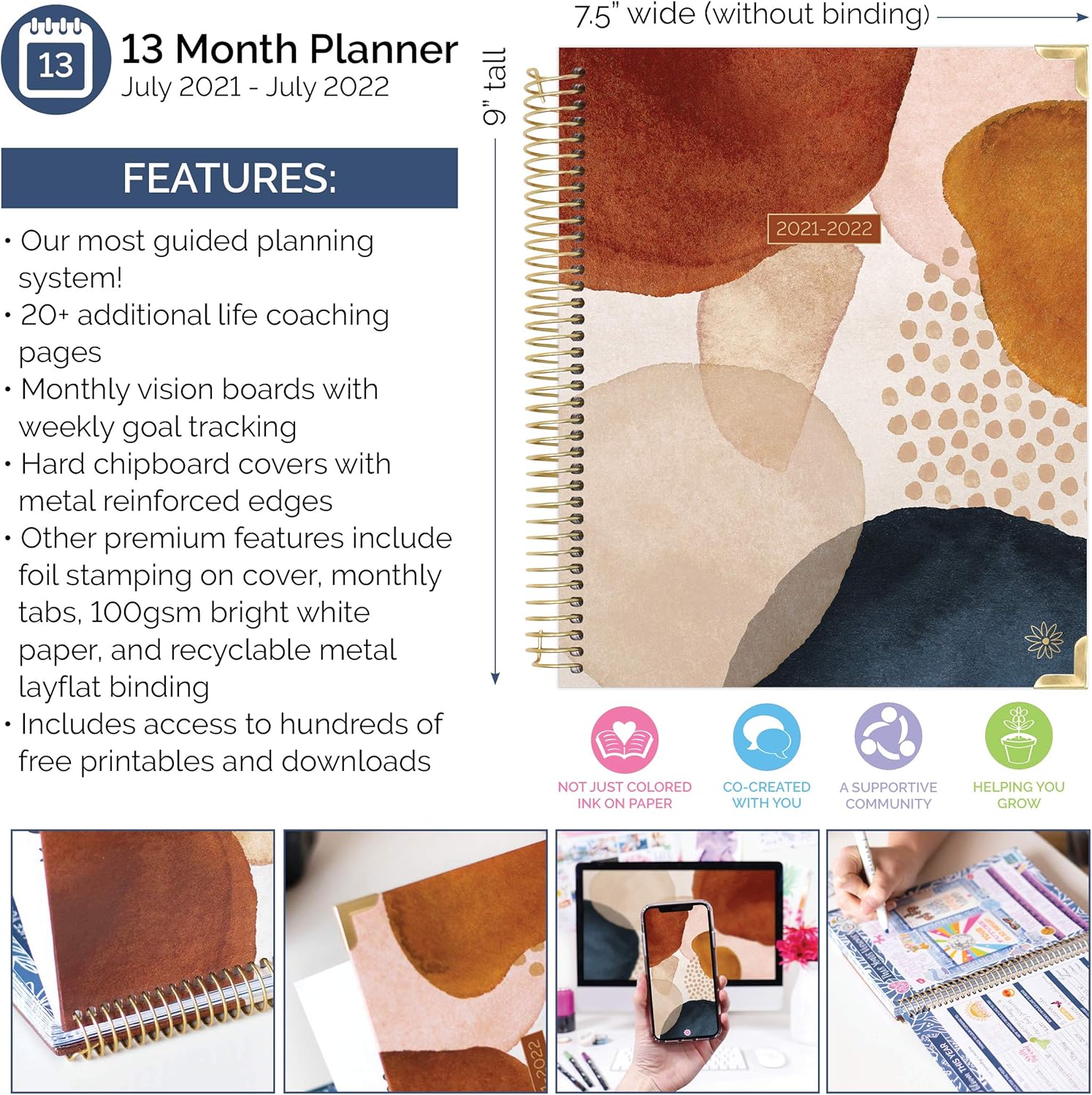 bloom daily planners 2021-2022 HARDCOVER Academic Year Goal & Vision Planner (July 2021 - July 2022) - Monthly/Weekly Agenda Calendar Organizer - 7.5" x 9" - Earthy Abstract : Office Products