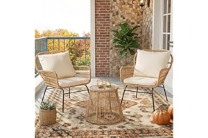 NICESOUL® 3 Pieces Boho Small Outdoor Patio Chair Set with Thick Cushion and Round Glass Table, 500lbs Sturdy Rattan Wicker Chair, Bistro Set for Garden Balcony Deck Porch Backyard Apartment, Beige