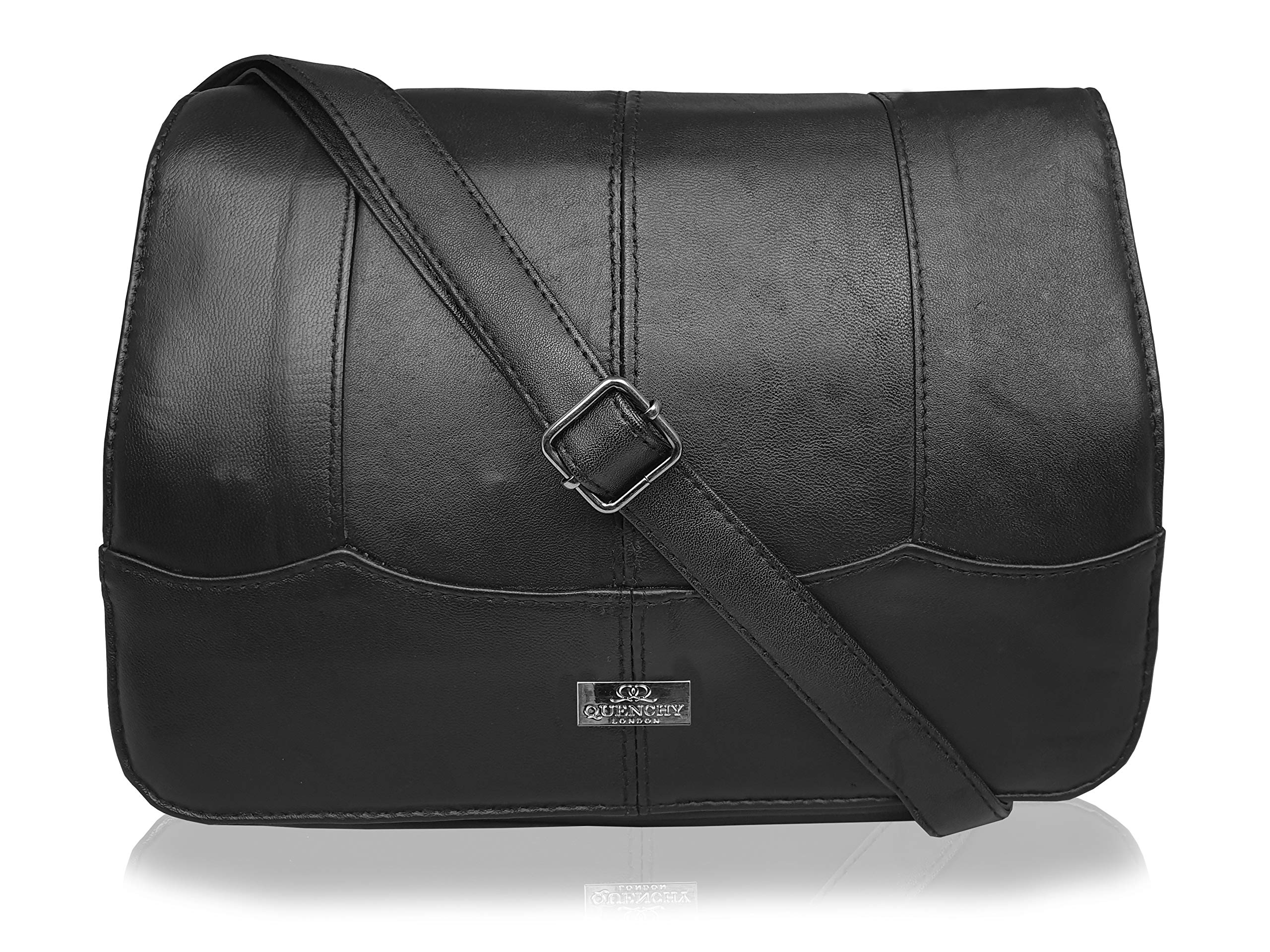 Quenchy London Ladies Handbag Triple Section - Real Leather A-Cross Body Hand Bags with 8 Pockets - Single Adjustable Shoulder Strap, L28cm xH20 x10 - QL966K Black