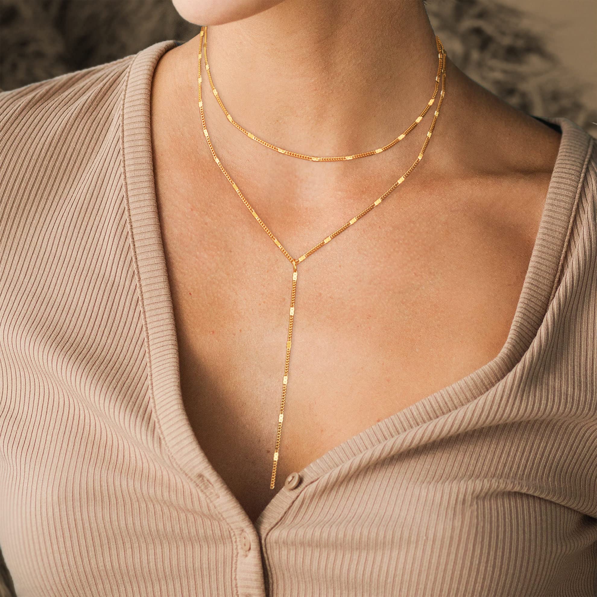 Foxgirl Lariat Gold Necklace for Women, Dainty Long Necklace 14k Gold Plated/Silver Y-Shaped Pendant Necklace Trendy Layered Cz Beaded Chain Drop Necklaces Simple Gold Jewelry For Women Gift