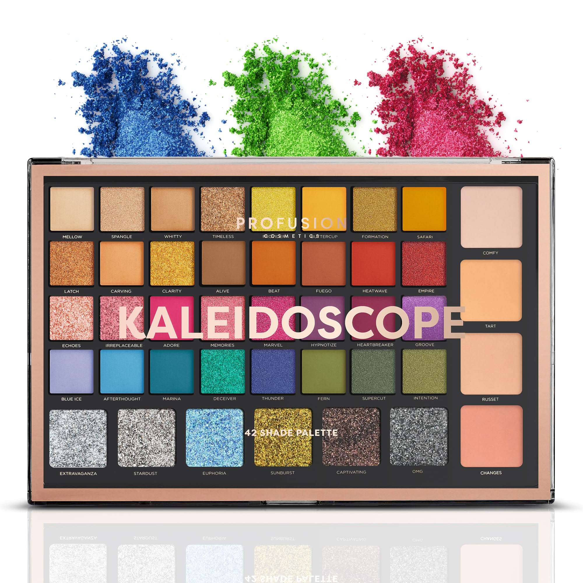 Profusion Cosmetics Kaleidoscope 42 Shade Palette Bright Colors Matte Shimmer Satin Colorful Eyeshadow Makeup Pallete Long lasting and Pro Pigment Silky Powder Eye Shadow