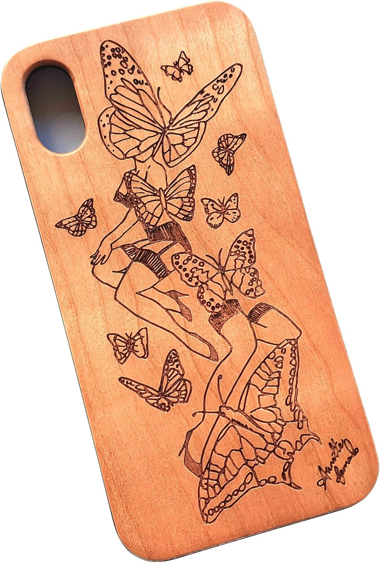 Wooden engraved Butterfly phone case for iPhone X and XS. Real solid cherry wood, hand made, carved artwork. Drop & scratch proof, providing premium protection for your smart phone
