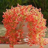 Rowfad 12 Pcs Artificial Hanging Mums Flowers Outdoor, Orange UV Resistant Fake Hanging Fall Plants for Outdoor Planter Patio Front Door Window Autumn Decoration (12, Orange)