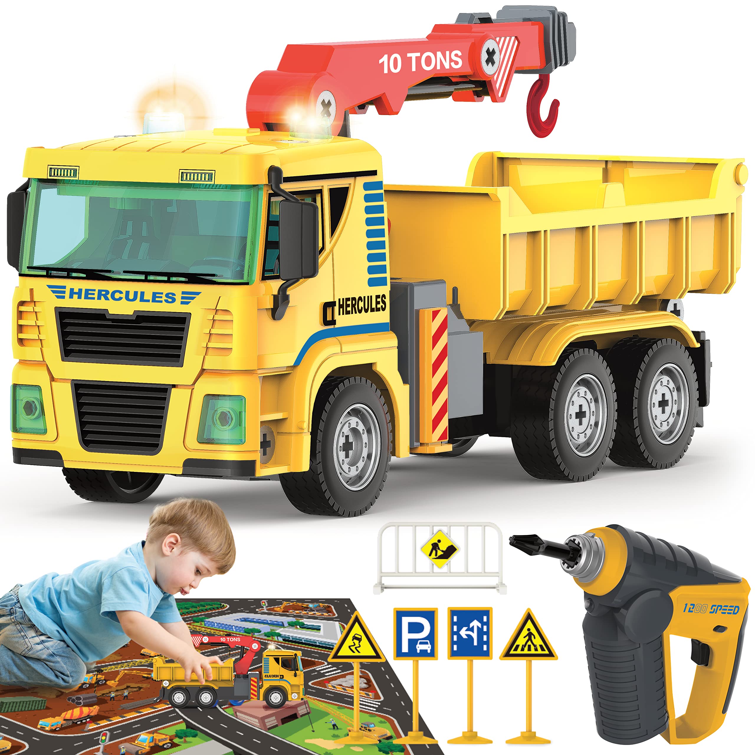 Take Apart Construction Crane Truck Toy for Kids - 104 Pcs STEM Toys w/Drill, Push & Go Lights & Sounds for Kids - DIY Construction Building Vehicle Playset for Boys Ages 4 5 6 7 8 Years Old